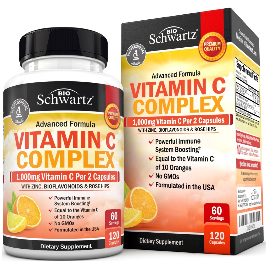 BioSchwartz Vitamine C Complex Supplement - Vitamine C 1000mg Capsules met Rose HIPS Zink en Citrus Bioflavonoïden voor Immune Health, Cellular Energy, Collageen Production, 120 Tellen (60 Dagen Levering)