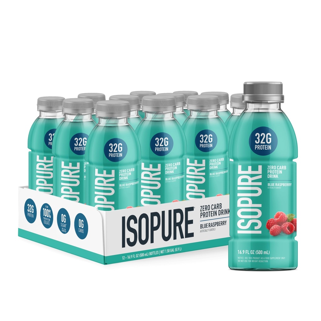 Isopure Zero Carb 32g Clear Protein Ready-to-Drink, Wei Protein Isolaat, Blue Raspberry, 12 Pack (Verpakking mei Vary)