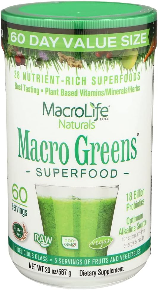 MacroLife Naturals Macro Greens Powder 38 Superfood Probiotic Antioxidant Enzyme & Herbal Supplement Immunity Energy Cleanse - Non-GMO Vegan Glutenvrije zuivelvrije - 60 porties