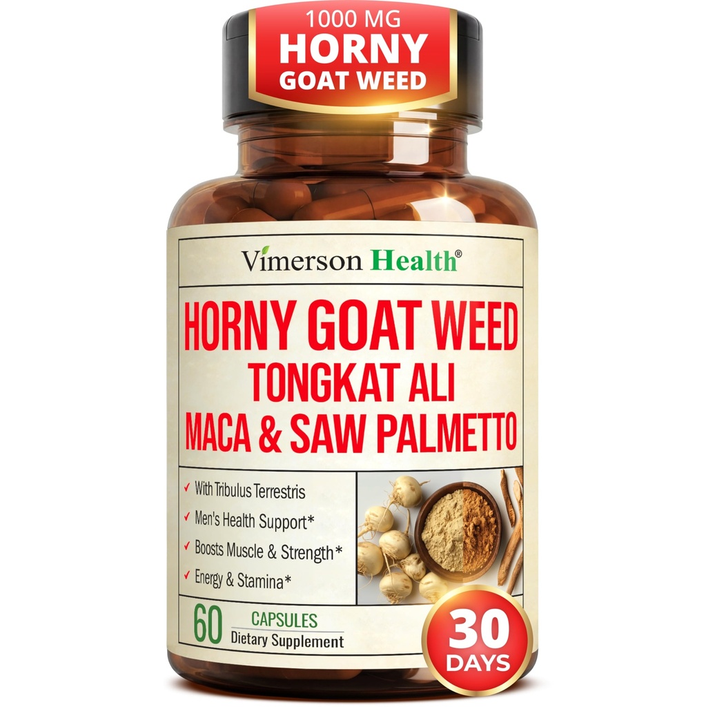 HornyGoatWeed for Men 1000mg - Male Enhancing Supplement with Tongkat Ali, Maca Root, Saw Palmetto, Panax Ginseng, Tribulus Terrestris - Horny Goat Weed for Energy, Drive & Strength, 60 capsules