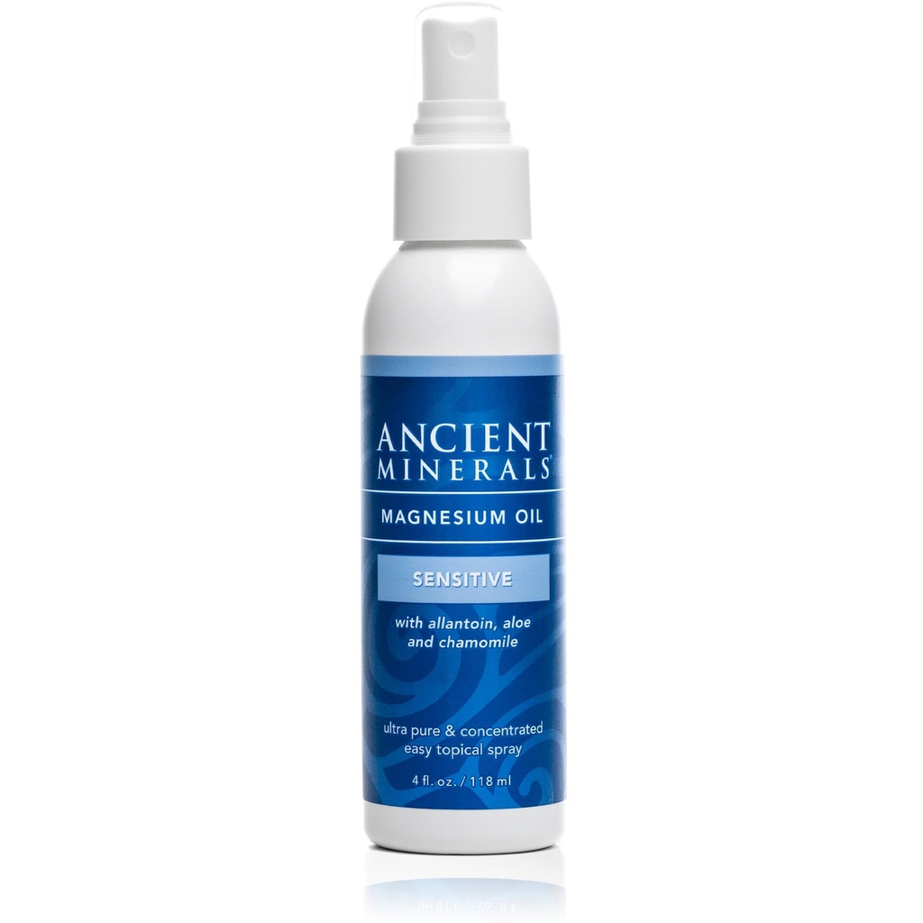 Ancient Minerals Magnesium Oil Spray Sensitive All-New Sensitive Formula with Allantoin, Organic Chamomile, and Organic Aloe Vera (4oz)