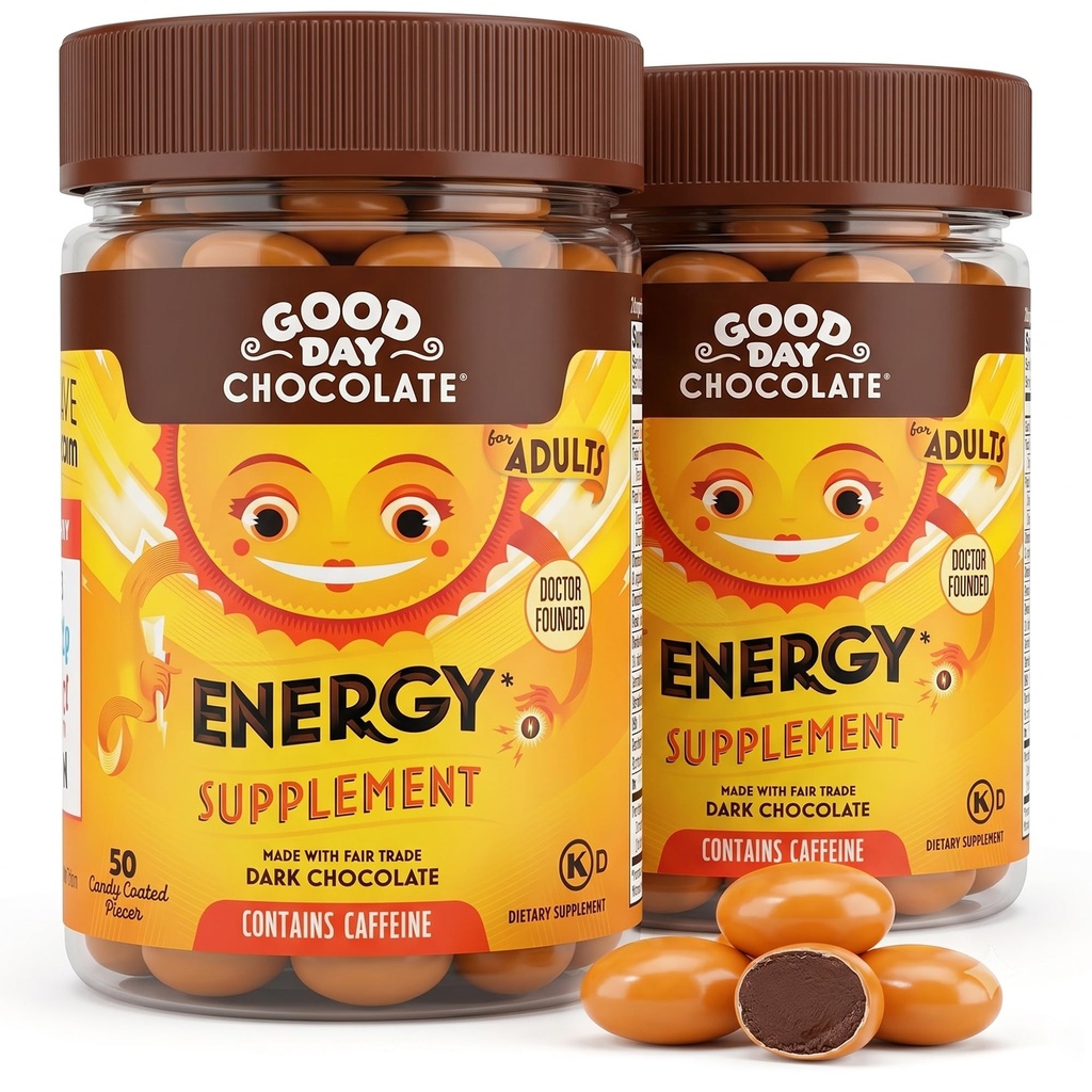Good Day Chocolate Energy Supplements for Adults [2 Pack] Fair Trade Cafeïne Chocolate with B-Vitamins, Green Tea Extracts and 20 mg Cafeine Per Piece - Energy Booster for Women and Men
