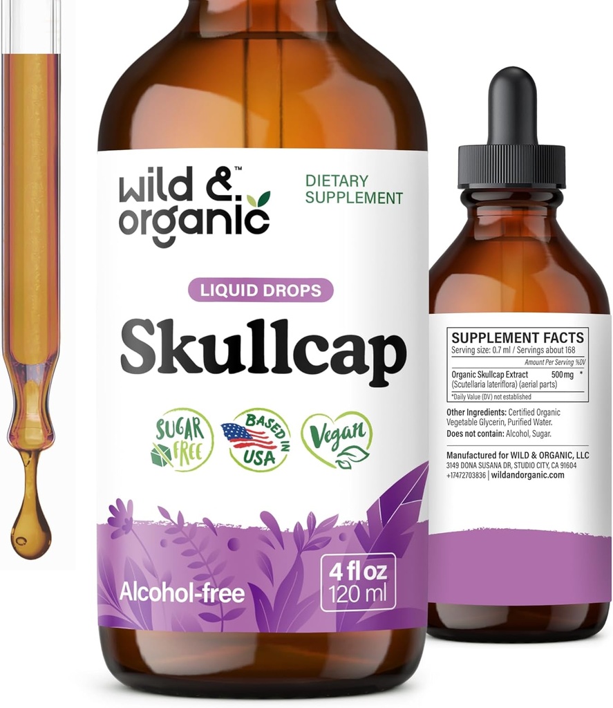 Wild & Organic Skullcap Herb Tinctuur - Skullcap Supplement for Mood Support - Relaxing Liquid Extract Drops - Vegan, Sugar & Alcohol-Free - 4 fl oz