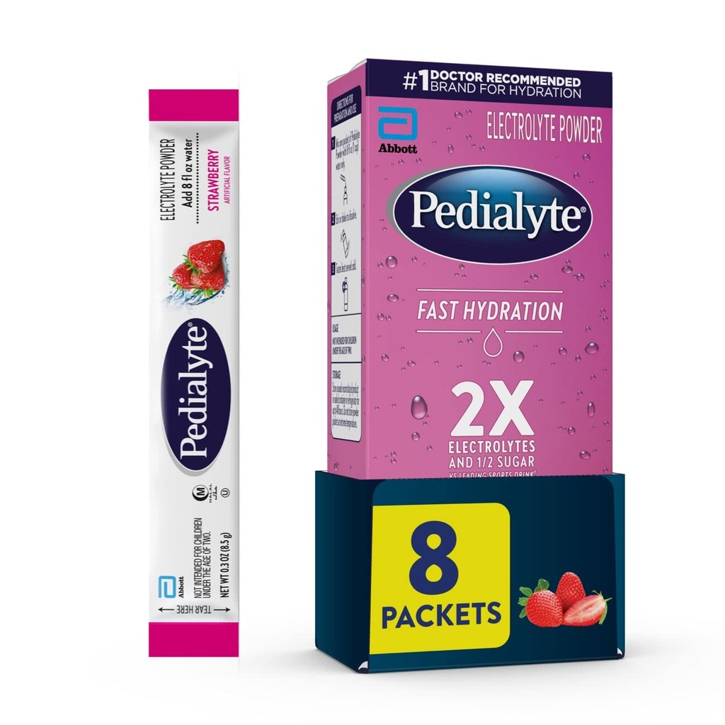 Pedialyte Fast Hydration Electrolyte Powder Packets, Aardbei, Hydration Drink, 8 Single-Serving Powder Packets