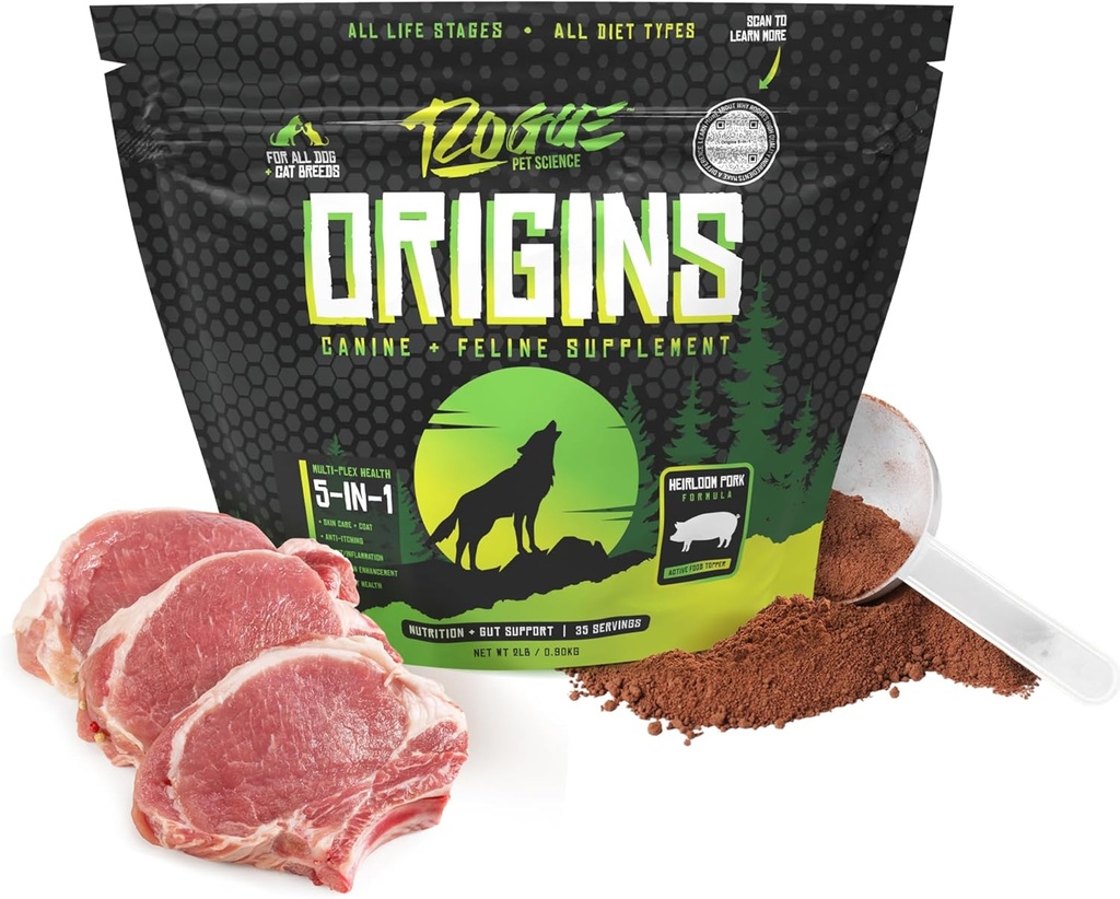 ROGUE PET SCIENCE Oorsprong 5-in-1 Hondensupplement - Gepoederd voedsel Topper met/Natural Heirloom Varkenseiwit- Ondersteunt gezonde spijsvertering, huid, en jas - helpt verminderen jeuk & gezamenlijke ontsteking (2 lbs)