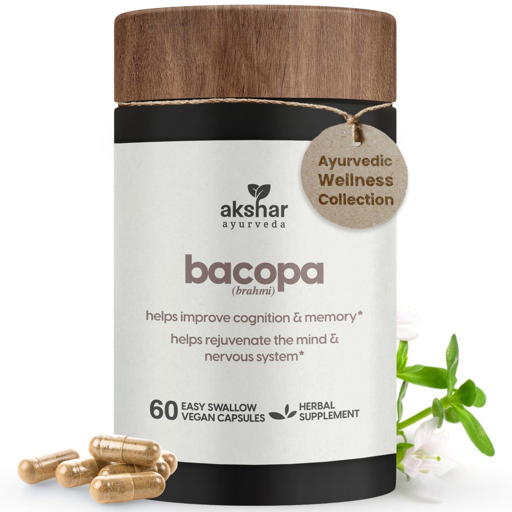 AKSHAR Ayurveda - Bacopa 500mg Brahmi Supplement, Rejuvenate System, Bacopa Pillen ter ondersteuning van cognitieve functie voor volwassenen, Vegan Cruelty Free Bacopa Monnieri (60 Tel.)
