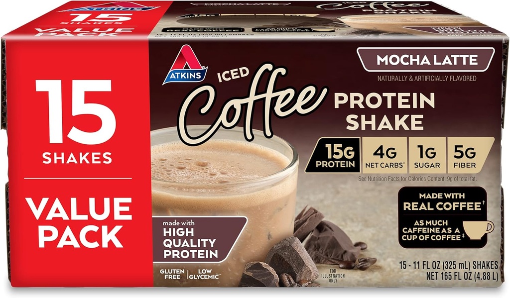Atkins Glutenvrije Proteïne-Rich Shake, Mocha Latte, Keto Friendly, 15 Tellen