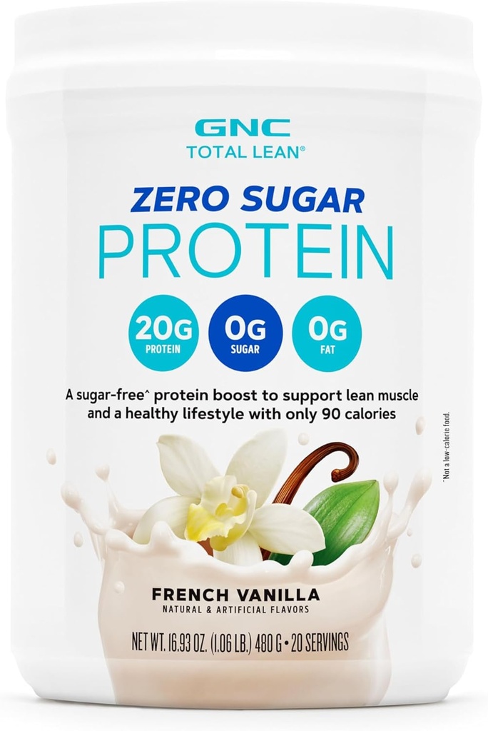 GNC Total Lean Zero Sugar Protein Powder, 20g, No Sugar, No Fat, 90 Calories, French Vanilla, 20 Servers
