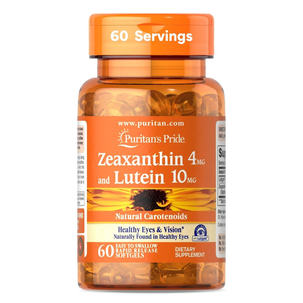 Puritan's Pride Zeaxanthine 4mg met LutigoldTM Lutein 10mg Carotenoïden, Dieetsupplement voor gezonde ogen en zicht, 60 Easy-to-Swallow Rapid Release Softgels