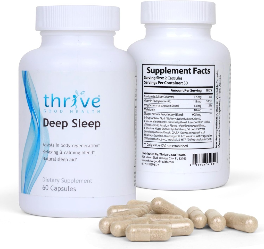 Drijven Goede Diepe Slaap - Slaapsupplement met Calcium Carbonaat, Vitamine B6, Magnesium - Slaaphulp Formule met Melatonine, L-Tryptofaan, 5-HTP, Inositol, Natuurlijke Plant Extracten - 60 Veggie Capsules
