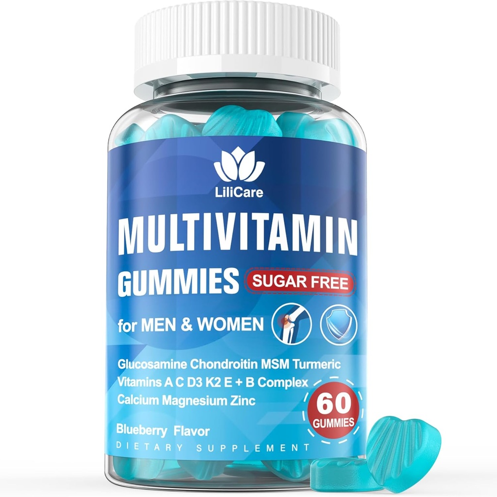 Mannen & vrouwen suikervrij Gemethyleerde Multivitamine 50 Plus met Glucosamine Chondroitin MSM, Iron Free Gummies for Senior met Multi Vitamine D3 K2 & A C E, B Complex - 60 Tellen (pakket van 1)