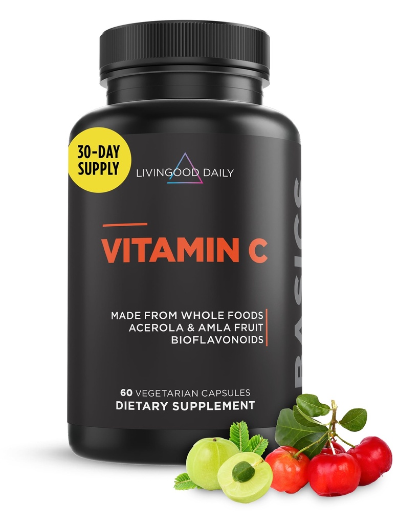 Livingood Daily Vitamin C Supplement, 3-in-1 Whole Food Based Vitamin C met Acerola & Amla Fruit Extracts en Citrus Bioflavonoïden voor Immune Support, Veganistisch, Glutenvrij, Niet GGO, 60 Capsules