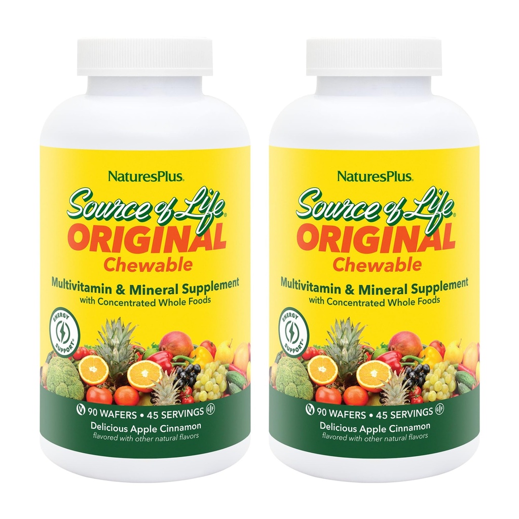 NaturesPlus Source of Life Adult’s Chewable, Apple Cinnamon - 90 Wafers, 2 Pack - Multivitamin & Mineral Supplement - Immune & Digestive Support with Vitamin D3 - Vegetarian - 90 Total Servings