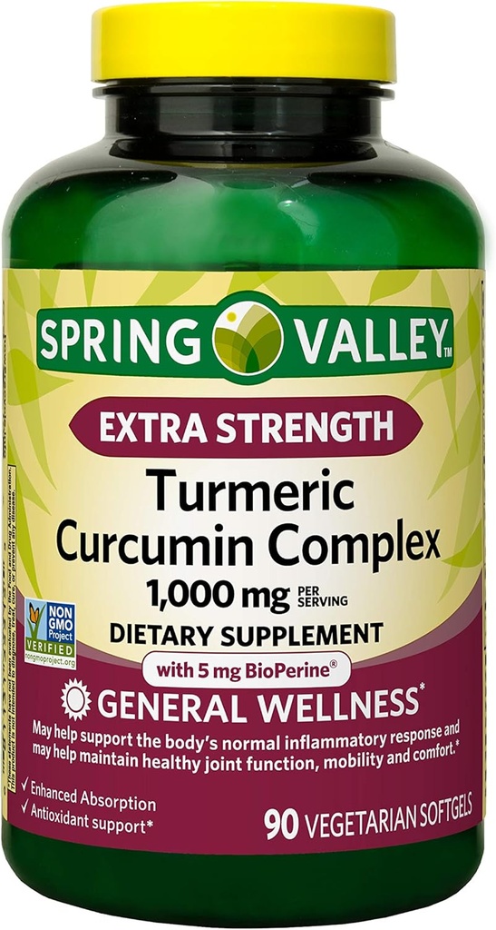 Spring Valley Extra sterkte Kurkuma Curcumine Complex Zachte gels Dieetsupplement, 1000 mg, 90 Tellen