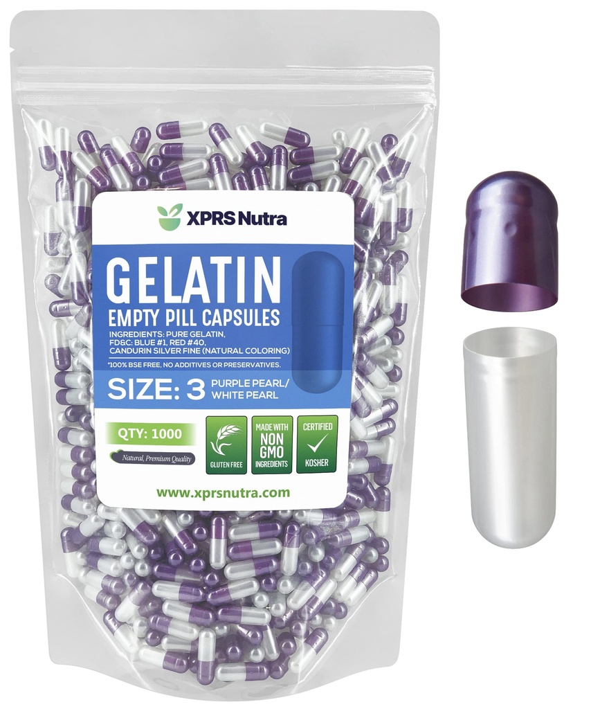 XPRS Nutra Maat 3 Lege capsules - 1000 Telle Lege Gelatine Capsules - Pillen DIY Capsule vullen - Pure Bovine Pill Gel Caps Vulbaar voor Do-It-Yourself Vitaminen en Supplementen (Parel Paars/Wit)