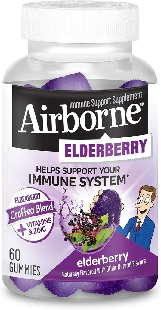 Airborne Vlierbes + Zink & Vitamine C Gummies voor volwassenen, Immuun Ondersteuning Vitamine D & Zink Gummies met krachtige Antioxidant Vitaminen C D & E - 60 Gummies, Vlierbessen smaak