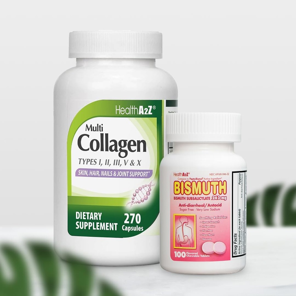 HealthA2Z® Mega Savings Bundle - Bismut Subsalicylaat 262mg (100 tabletten) & Multi Collageen Pillen, 1735 mg (270 Collageen Capsules)