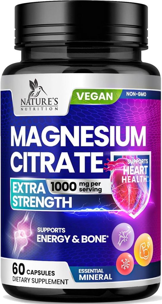 Magnesium Citrate Supplement Pillen 1000mg - 3X sterkte Magnesium supplementen voor bot, spier, hart, natuur slaap ondersteuning voor mannen & vrouwen, Vegan Mag Mineral, Non-GMO, gebotteld in de VS, 60 capsules