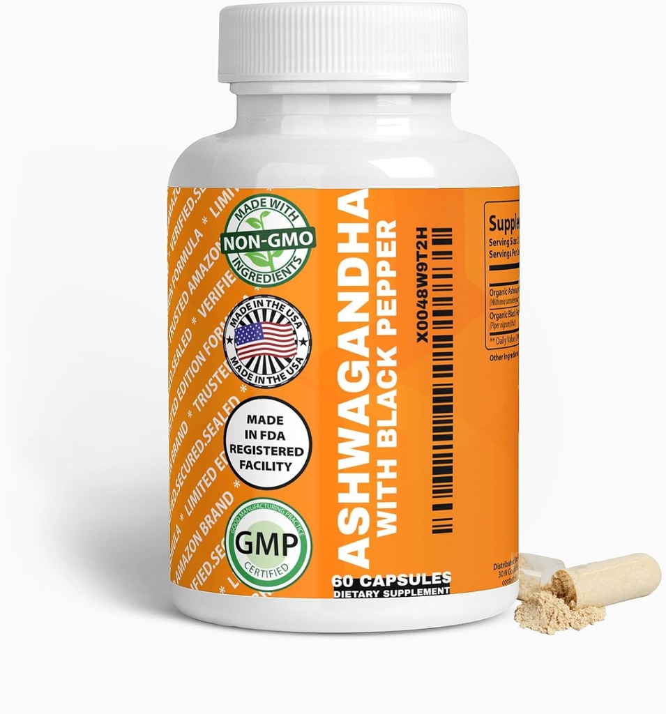 Generieke Biologische Ashwagandha & Black Pepper Capsules, 1300mg & 10mg, 60 Count, Boost Immunity & Mood Natuurlijk