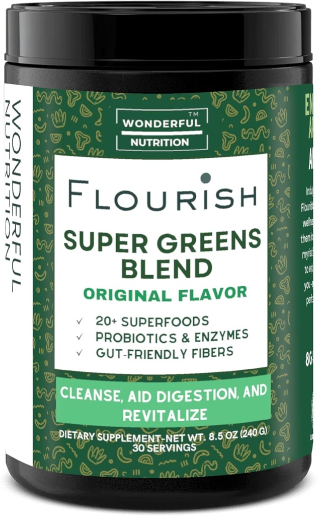 Flourish Super Greens. Greens Powder Mix for Energy,with Chlorella Organic Spirulina, Beet Root Powder, Enzymes & Probiotics, Original, 30 Servings