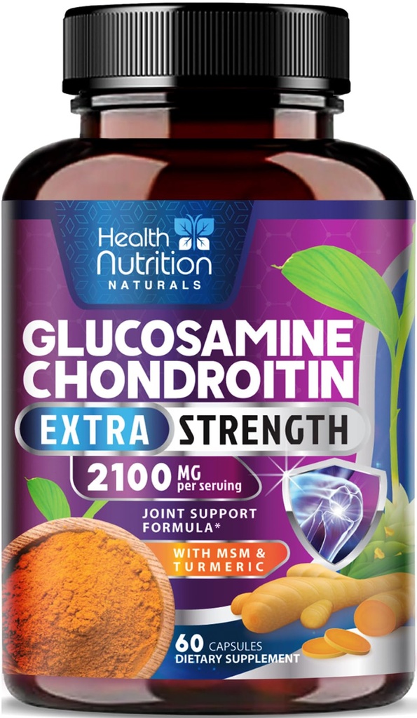 Glucosamine Chondroitin 2100mg - 3X Sterkte Joint Support Supplement met MSM, Glucosamine sulfaat, Kurkuma, Boswellia, Quercetine voor cartilage, flexibiliteit en mobiliteit, gebotteld in de VS, 60 capsules