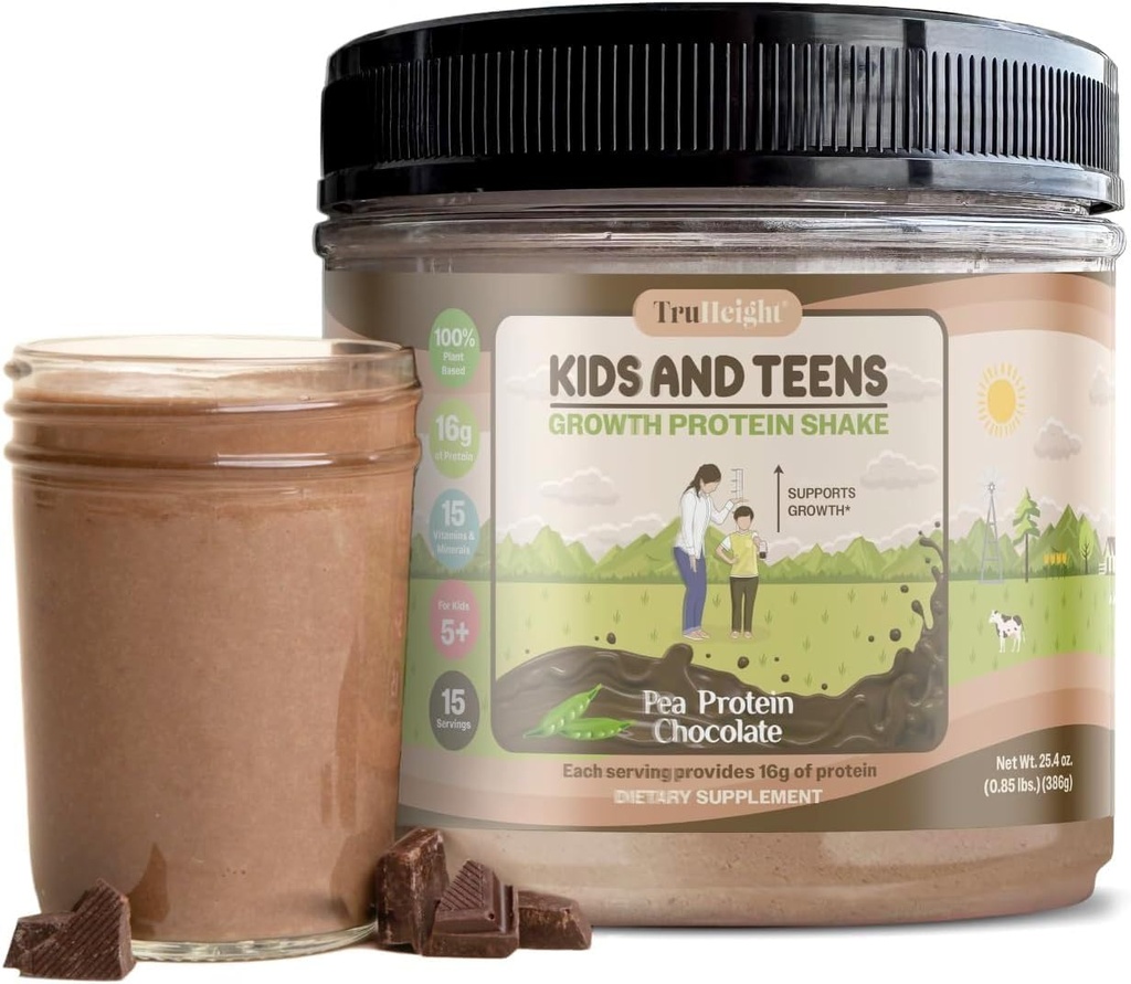 TruHeight Growth Protein Shake (Chocolate Milk Flavor, Plant) Natuurlijke groei & ontwikkeling Proteïnepoeder voor kinderen & tieners - Gewicht Gain Dranken, Advies van kinderartsen, Picky Eater Vitamine, Leeftijd 5+