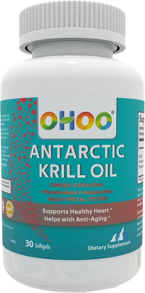 OHOO Antarctische Krillolie 500mg Omega-3 EPA & DHA-supplement, phopholipiden, antioxidant astaxanthine, ondersteunt gezond hart en anti-aging supplement met geen Fishy Aftersmaak, 30 Softgels