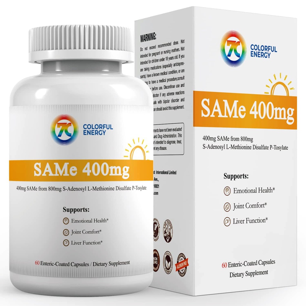 7c Sam e 400mg Supplement (S-Adenosylmethionine), Vitamine B6, B12 Toegevoegd om dezelfde effectiviteit te verbeteren, Mood and Joint Comfort, Vegan, Non-GMO, Glutenvrije, 60 Enteric Coated Capsules