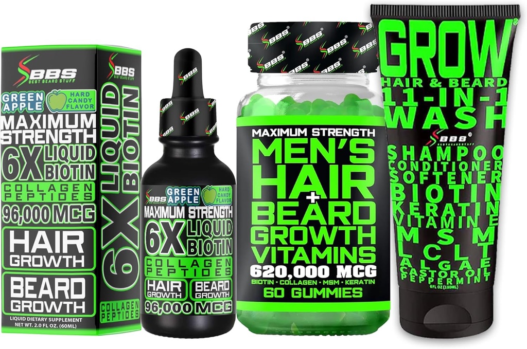 Baardgroei Kit w/Grow 11-in-1 Haargroei Shampoo voor mannen & Conditioner w/Biotine + Baardgroei Vitaminen & Hair Growth Vitaminen voor mannen + 6X Liquid Biotine met Collageen - Geformuleerd in Amerika