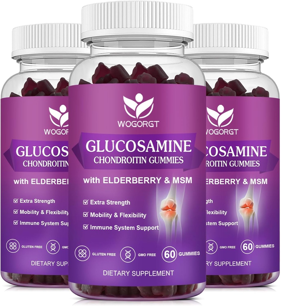 Glucosamine Chondroitin Gummies with MSM & Vlierberry - 1500mg Glucosamine Chondroitin Gummies Supplement for Flexibiliteit and Immune Support for Men & Women, 60 Gummies (3 Pack)