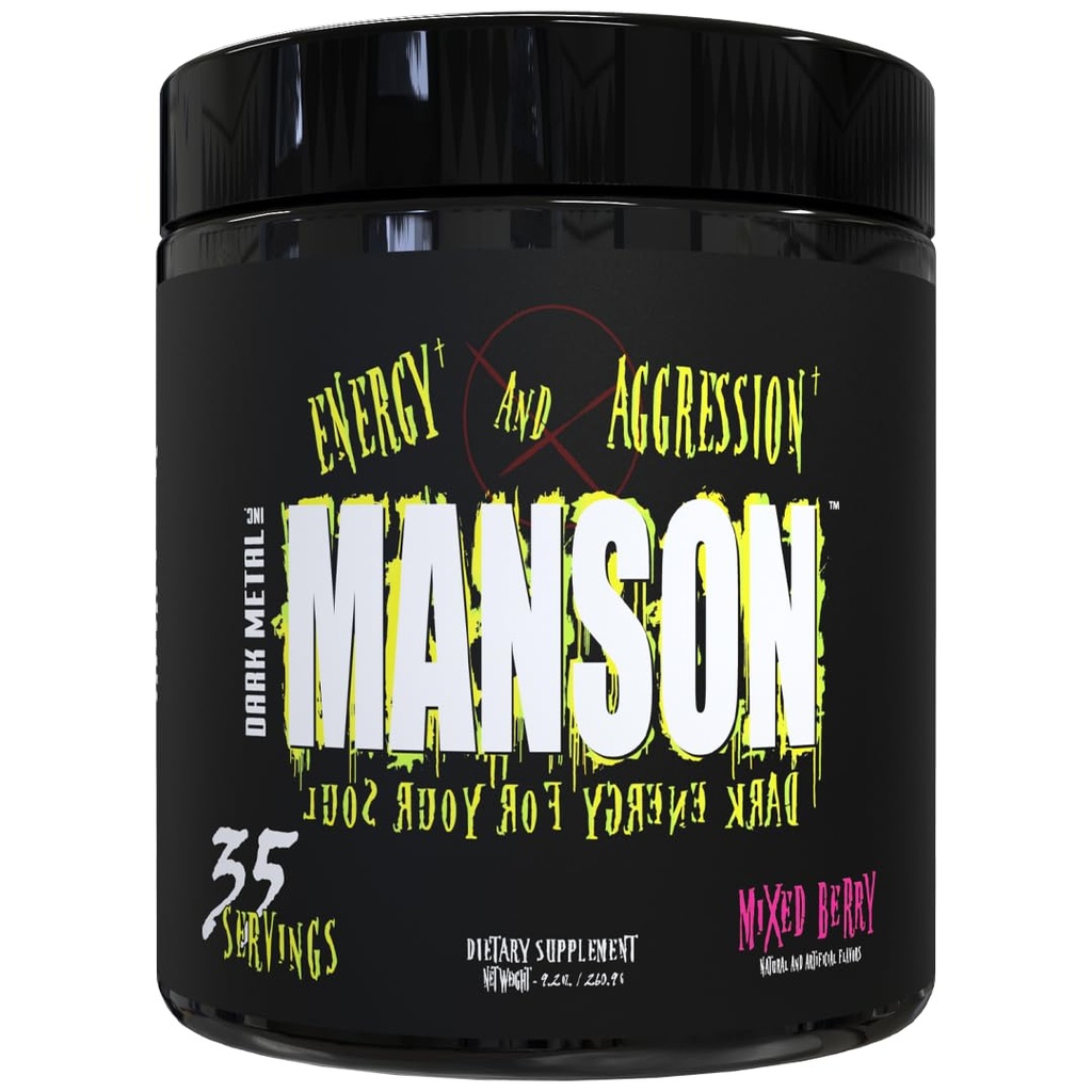 DARK METAL Inc Manson High Stim Pre workout poeder, energie focus kracht, geladen met Beta Alanine L Carnitine Cafeïne Infinergy, 35 Srvgs, gemengde Berry