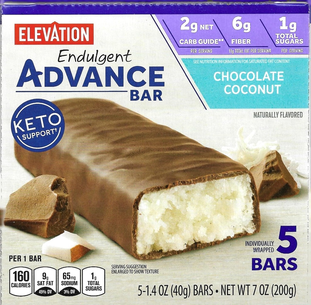 Millville Elevation Advance Chocolate Coconut Bars, Carb Conscious, 5g proteïne, met recepten. Een doos van 5, 1.4oz Individueel Wrapped Bars. Bundel Inclusief 2 recepten, 5 bars.