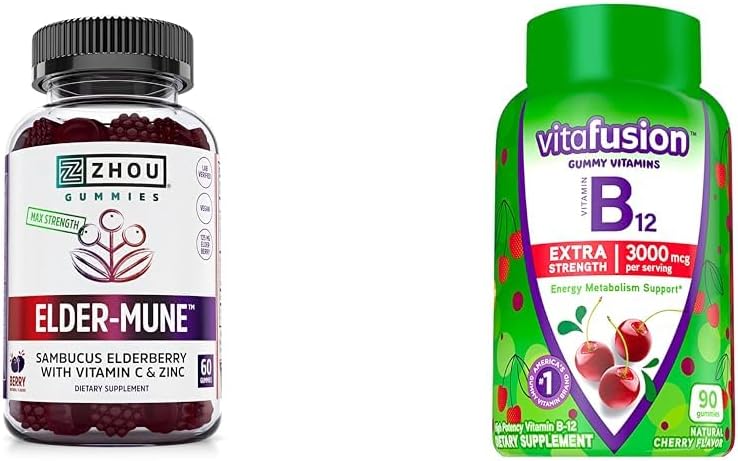 ZHOU Voeding Vlierbessen Gummies Immune Ondersteuning Bundel met Vitafusion Vitamine B12 Gummies Energie Metabolisme Ondersteuning, 60 en 90 Tellen