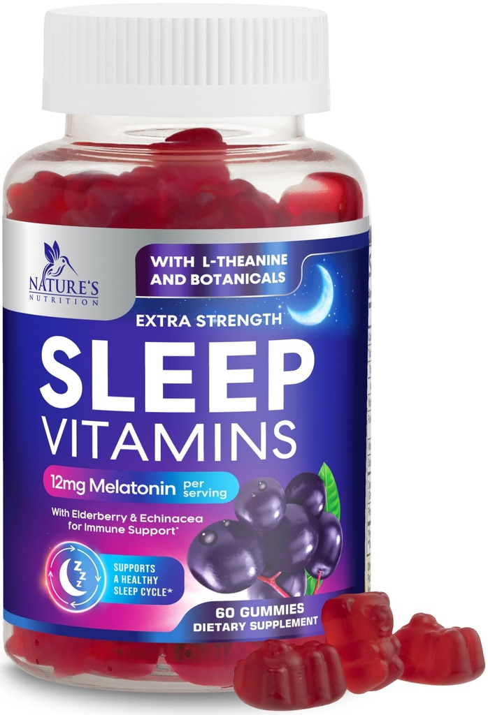 Slaap Gummies met Melatonine 12 mg - Extra sterkte Slaap Vitamine Gummy, Natuurlijke Melatonine Gummy, Occasional Slaap Ondersteuning Supplement voor Volwassenen, Vegan, Non-GMO, Gomitas para Dormir - 60 Gummies