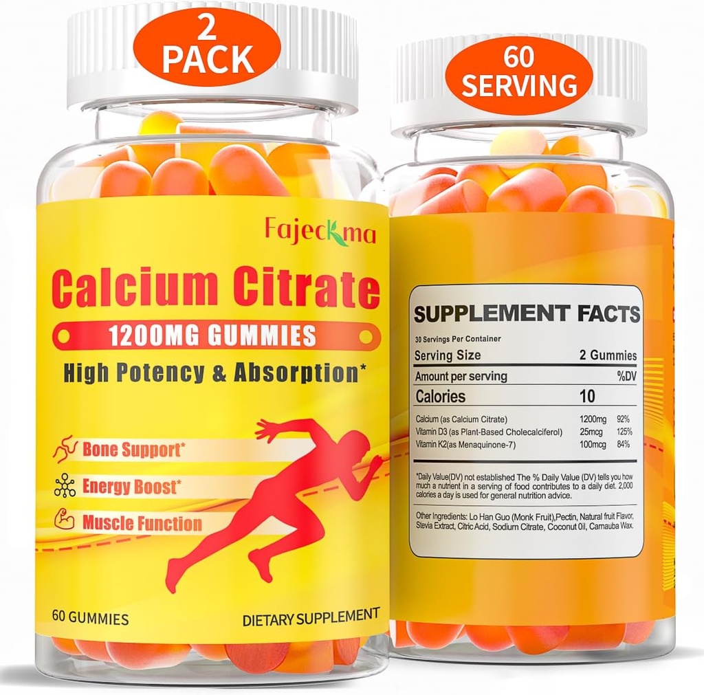 1200mg Calcium citraat Gummies voor volwassenen: Suikervrije Vegan Vitamin Supplement met D3 K2 - Vrouwen Mannen Hoge Absorptie Supplement voor bottanden (60 Count(Pack of 2))