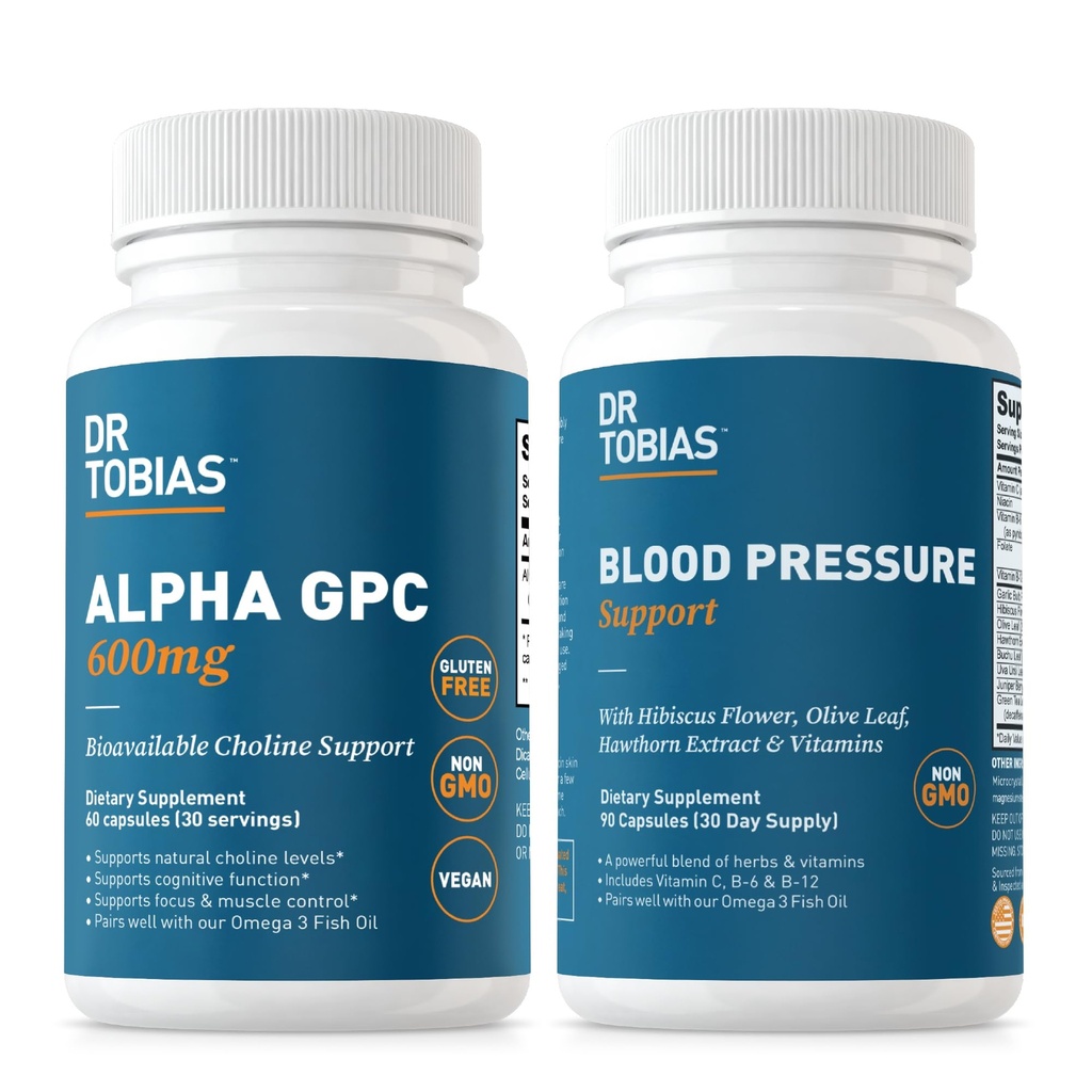 Dr. Tobias Alpha GPC & Blood Pressure Support - Ondersteuning Cognitive functie & Circulatory Wellness met Bio available Choline Supplement, Herbs & Vitamines, Non-GMO
