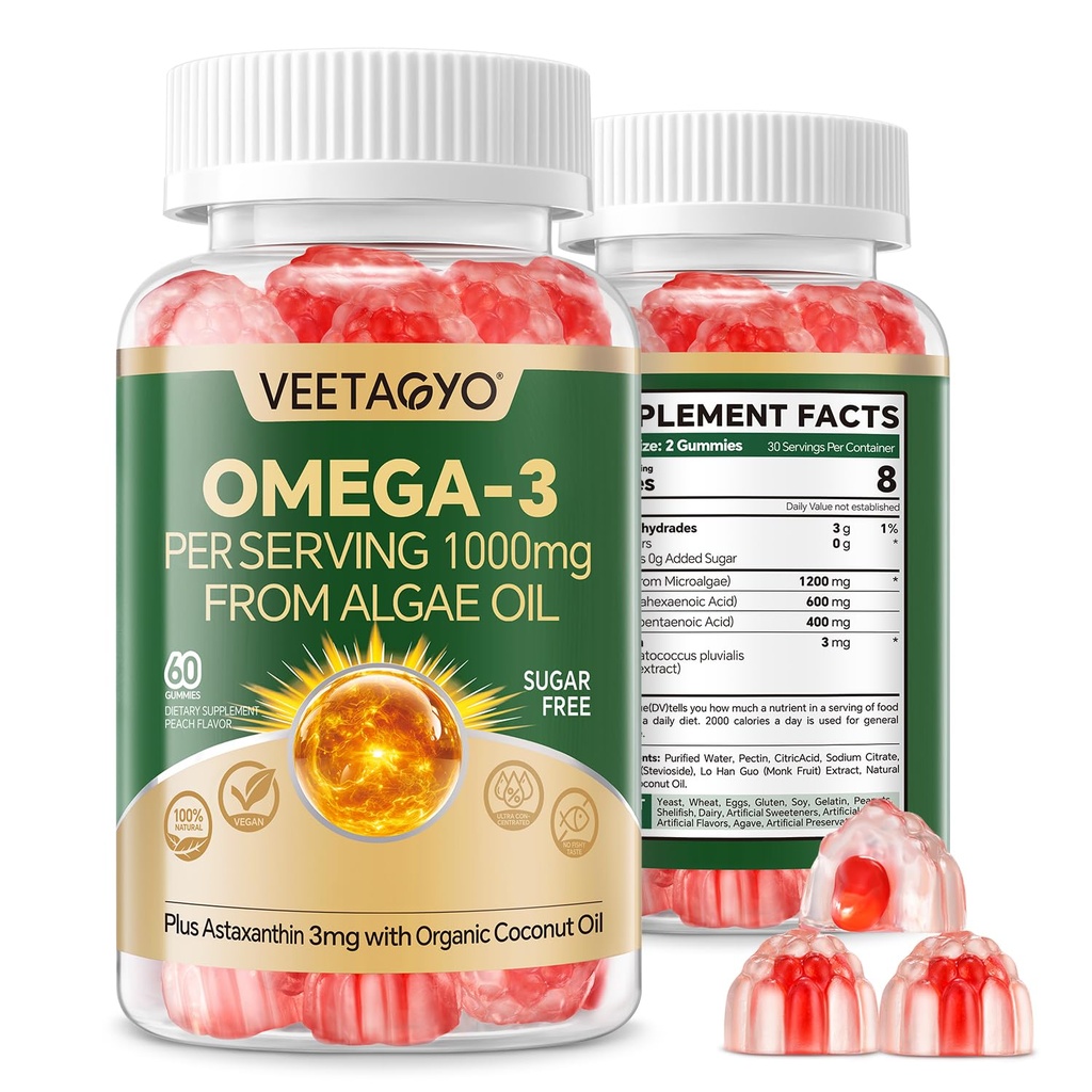 Vegan Omega 3 Gummies 1200mg - Dual Layer - Visolie Alternatief, Marine Algen Omega 3 Supplement DHA 600mg, EPA 400mg met Astaxanthine, Sugar Free,60 Ct