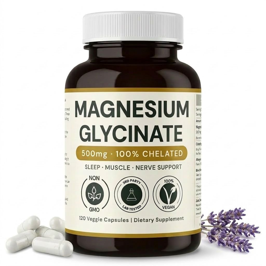 Magnesium Glycinate - 500mg, 120 Capsules, 4 maanden levering, Ondersteunt stress verlichting, Slaap, Hart Gezondheid, Zenuwen, Spieren, Metabolisme* Veganist, 3rd Party Tested, Gluten Free, Non-GMO door Zeta Tsjaad Labs