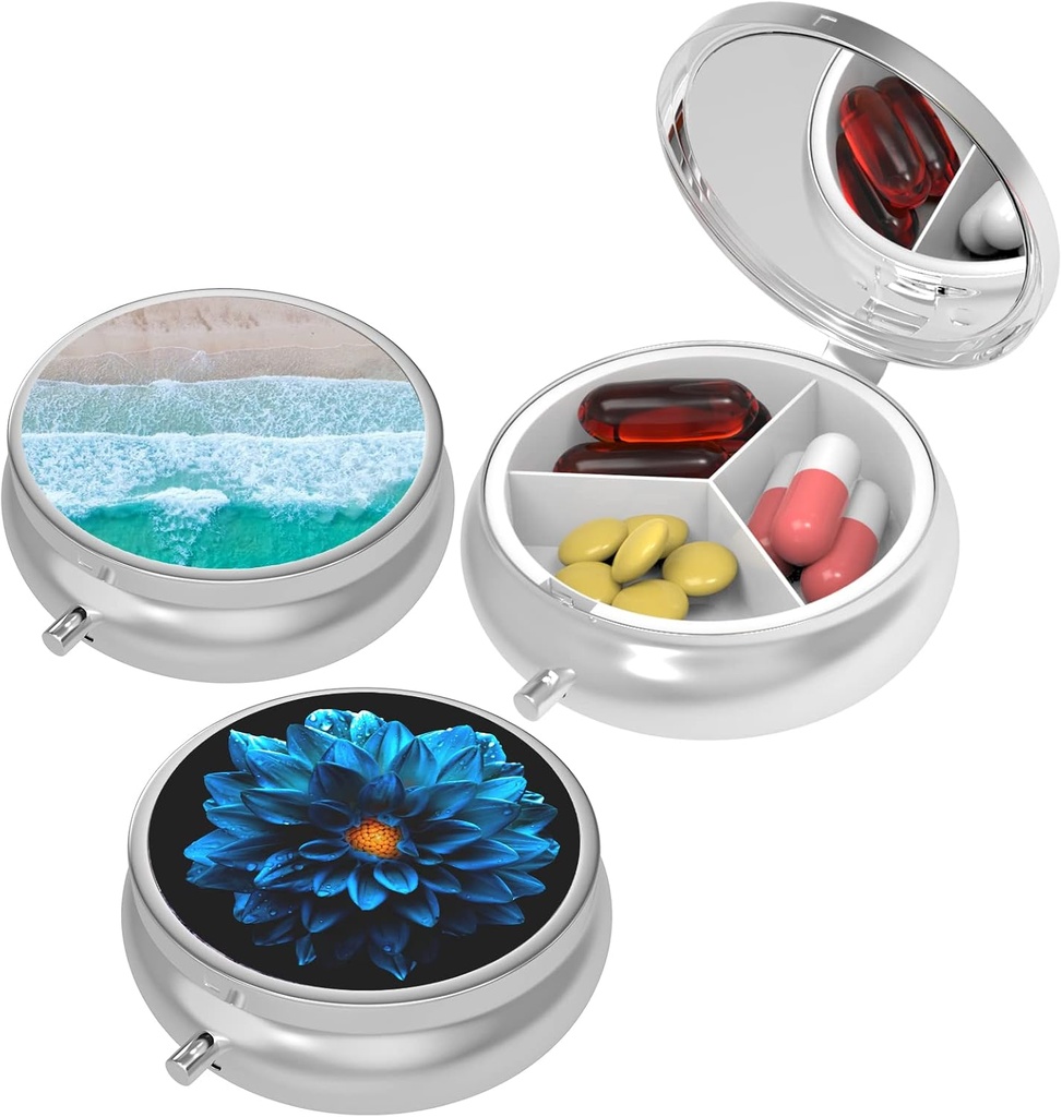 Small Pill Box,Pill Case voor Purse&Pocket,3 Compartments Travel Pill Case Medication Organizer Opslag voor Vitaminen, Pillen, Visolie en oorbellen, Studs, Brons-Roze Gele Bloem