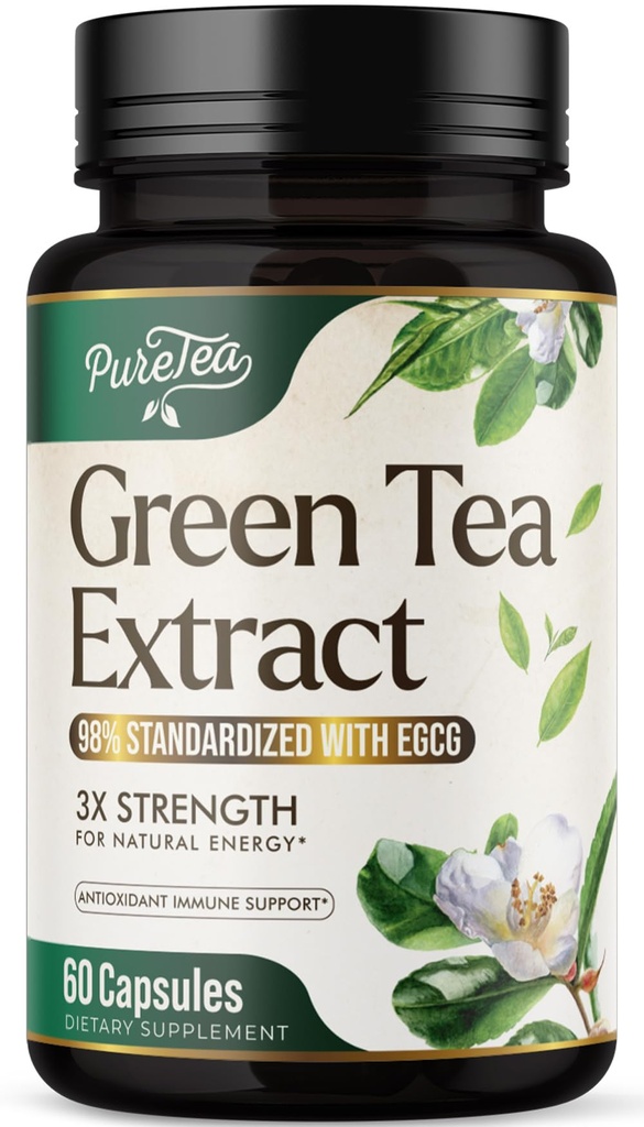 Groene theeextract Capsules 1000mg met 45% EGCG & 98% Polyfenolen voor hartondersteuning met antioxidanten - 3X Absorptie Groene theepillen Supplement voor natuurlijke energie, zachte cafeïne - 60 capsules