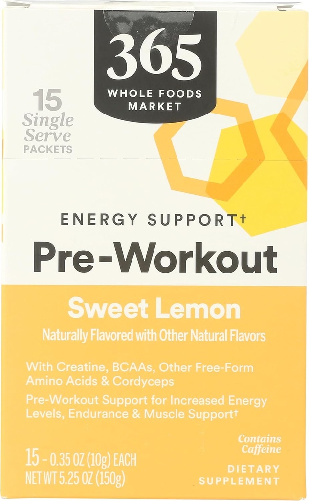 365 by Whole Foods Market, Pre-Workout Energy Support with Caffeine, Single-Serve Packets, Sweet Lemon, 15 Count