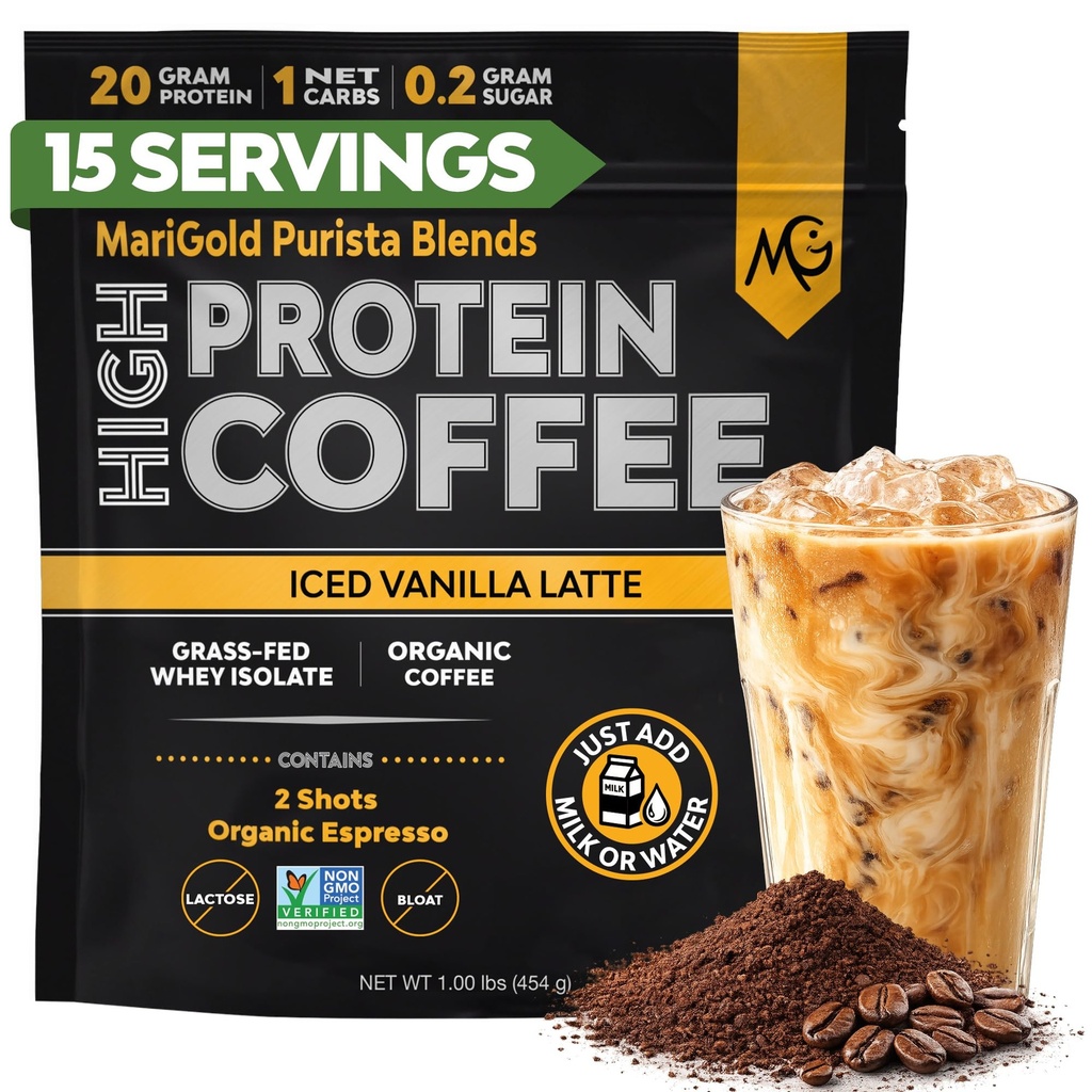 MariGold High Protein Coffee - Iced Vanilla Latte, 20g Grass-Fed Wei Proteine Isolaat, Energie & Workout Boost, 2 Shots Biologische Espresso, Non-GMO, 1 Net Carb, 1 Lb Bag, 15 Servers