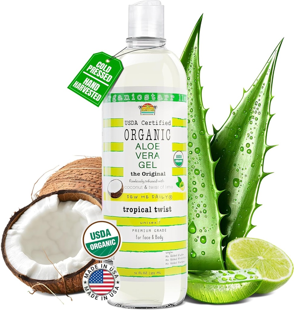 USDA Certified Organic Aloë Vera Gel 12 oz - 100% Pure, Cold Pressed, Hand Harvested, Infunded with Coconut, Lime & Verbena Essential Oils, Chemical-Free - Skin & Hair Care, Made in USA