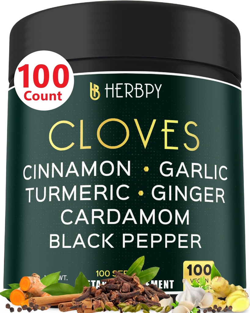 7in1 Kruidnagelsupplement rijk aan vitamines en mineralen ondersteunt spijsvertering, Immune & Heart Health met kaneel, kurkuma, gember, kardemom, Knoflook & Black Pepper - 100 Vegan Capsules