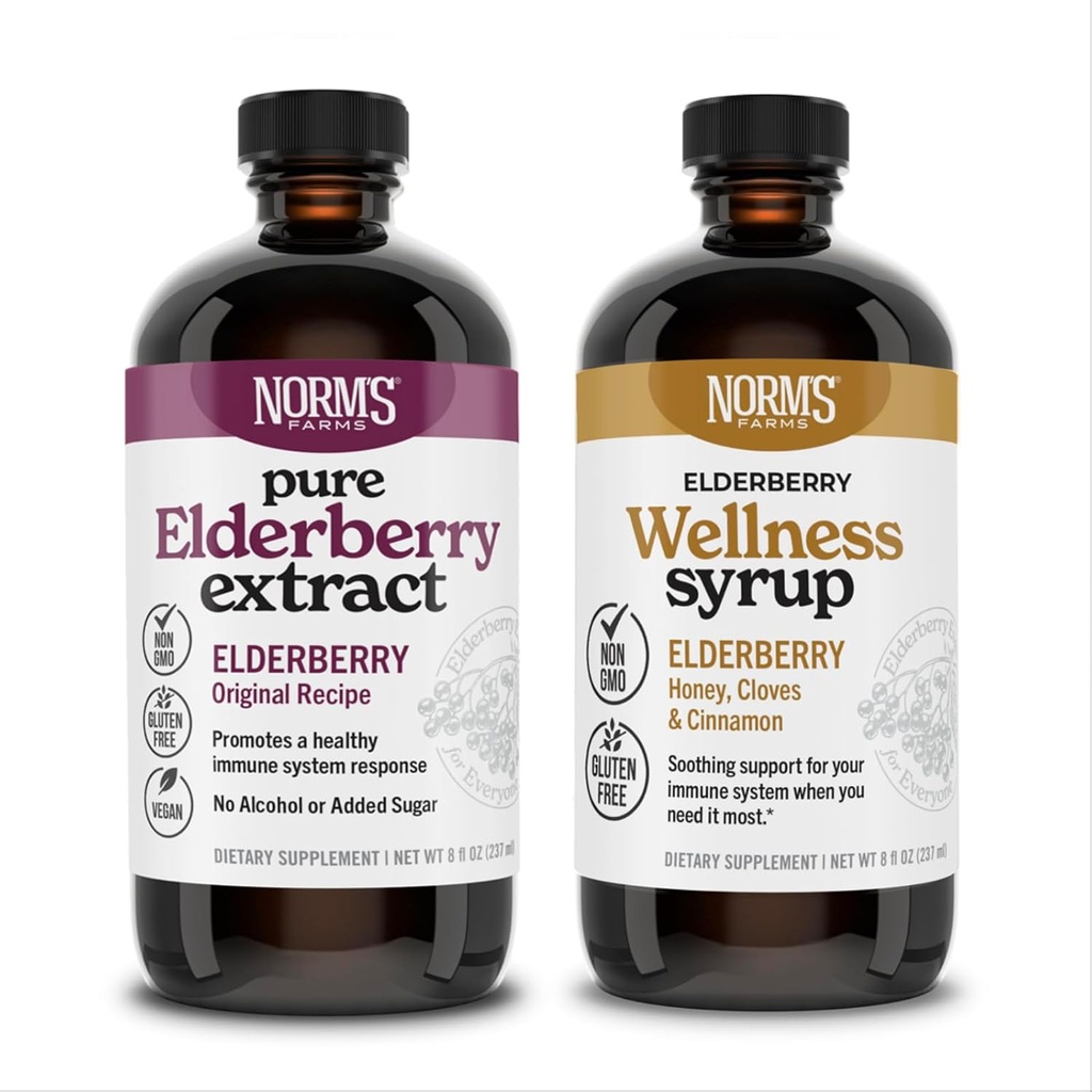 Norm's Farms Vlierbes Extract & Wellness Siroop Bundle 2 PK - Immune Support Vlierbes Siroop voor kinderen en volwassenen - Made in USA, Pure, Potent, Natural Ingredients, Vegan, Gluten-Free, Non-GMO - 8 Oz