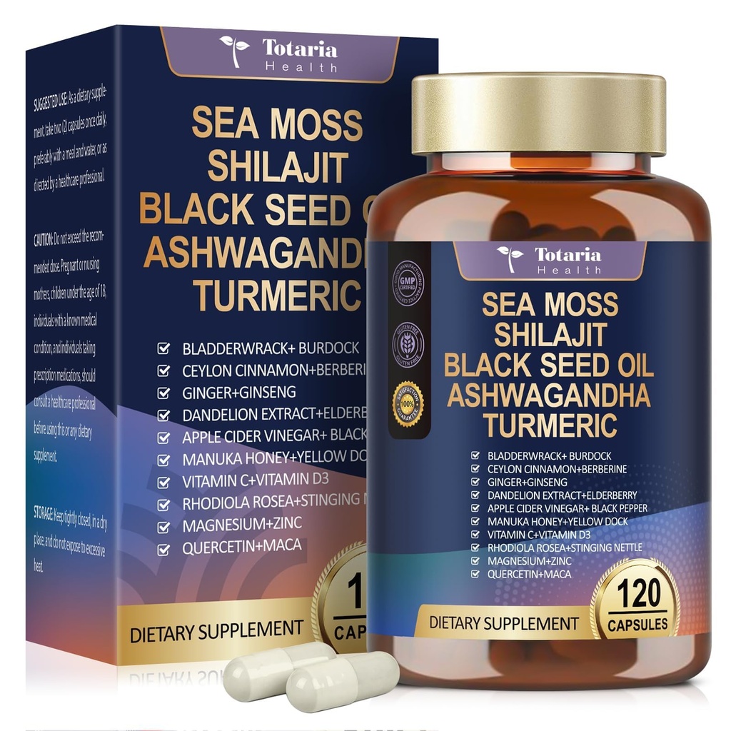 25-in-1 Sea Moss Black Seed Oil Ashwagandha Ginger Shilajit Supplement, Sea Moss Capsules Pro met Blader Burdock Ceylon Cinnamon Berberine ACV Manuka VIT C & D3 voor mannen Vrouwen, 120 Vegan Caps