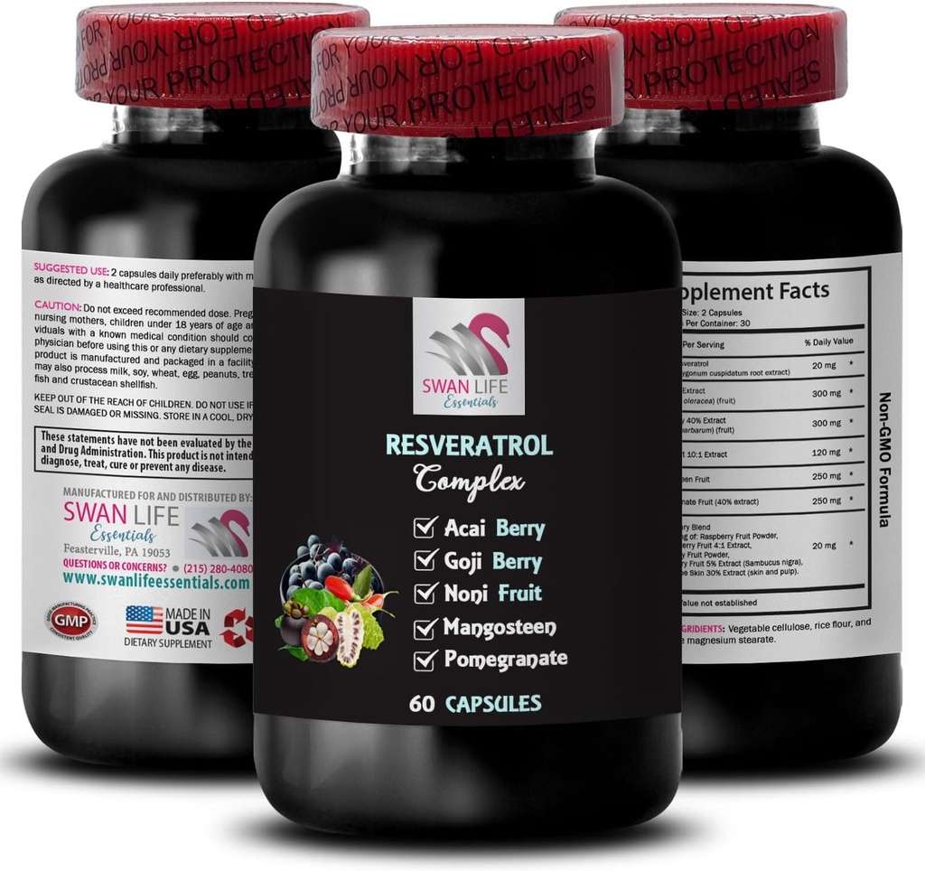Voedingsondersteuning - RESVERATROL COMLEX - Antioxidant Shield, Energizing Support, Goji Berry Ondersteuning, Grape Skin Power, Berry Voordelen, Dagelijkse Ondersteuning, Acai Berry Energie, Verfrissende Blend 1Bot 60Caps