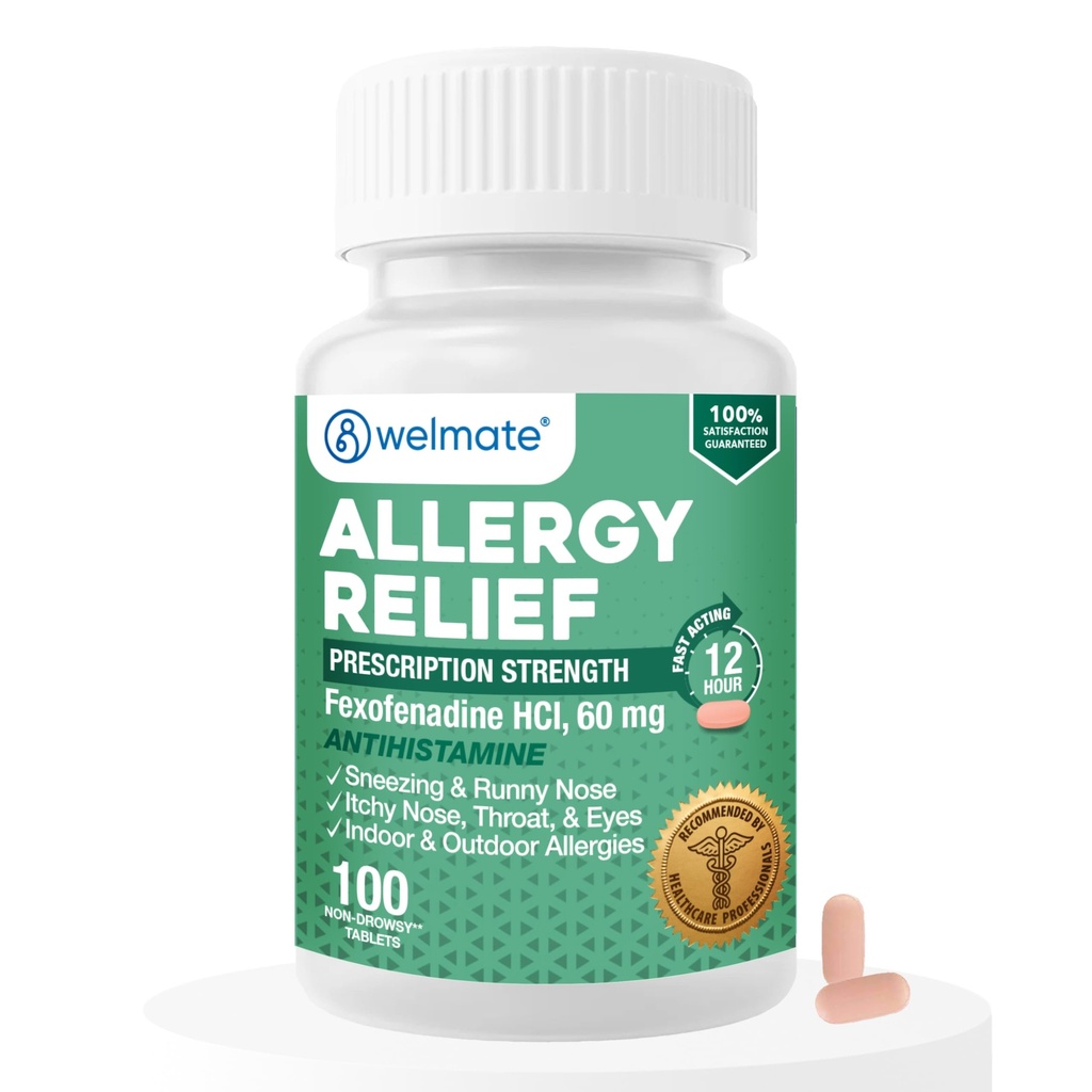WELMATE - Allergie Relief - Fexofenadine HCl 60 mg - 12 Uur Non-Drowsy Antihistamine - niezen - Runny Nose - Itchy Eyes, Nose & Throat - Indoor & Outdoor Allergie Relief Tablets - 100 Tel.