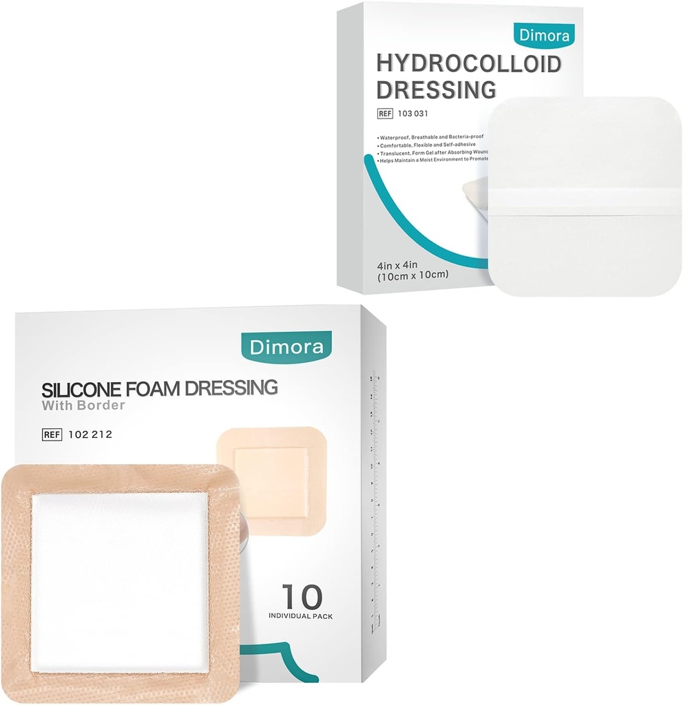 Dimora Hydrocolloïde Wond Dressing10 Pack 0.3mm + Siliconen schuim Dressing met rand lijm 6"x6" 10 Pack