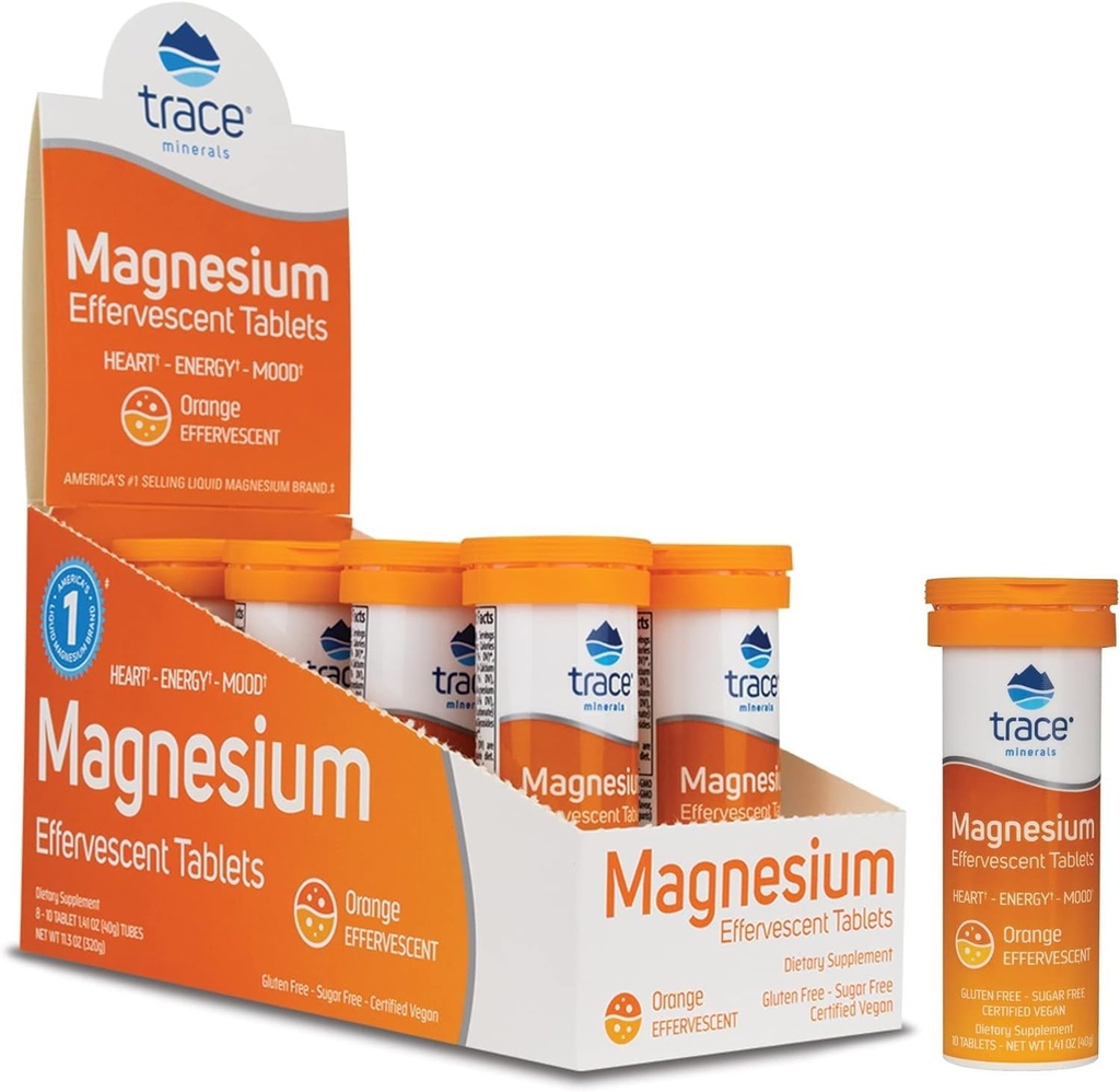Trace Minerals Magnesium Effervescent - Bone & Circulatory Health Support Supplement - Magnesium Supplement ter ondersteuning van cardiovasculaire gezondheid en positieve vooruitzichten - Oranje, 8 containers (80 porties)